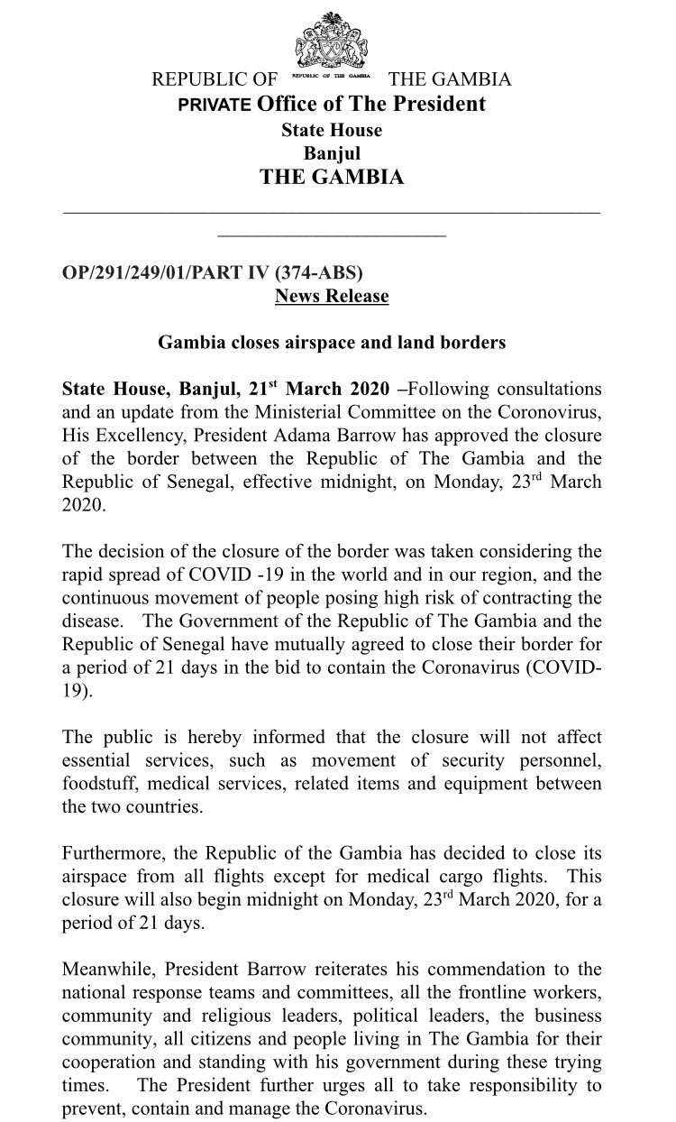 Coronavirus : La Gambie ferme ses frontières aériennes et terrestres