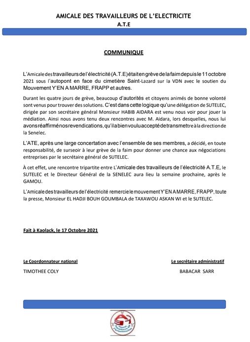 Communique Senelec Greve - Senenews - Actualité au Sénégal, Politique, Économie, Sport