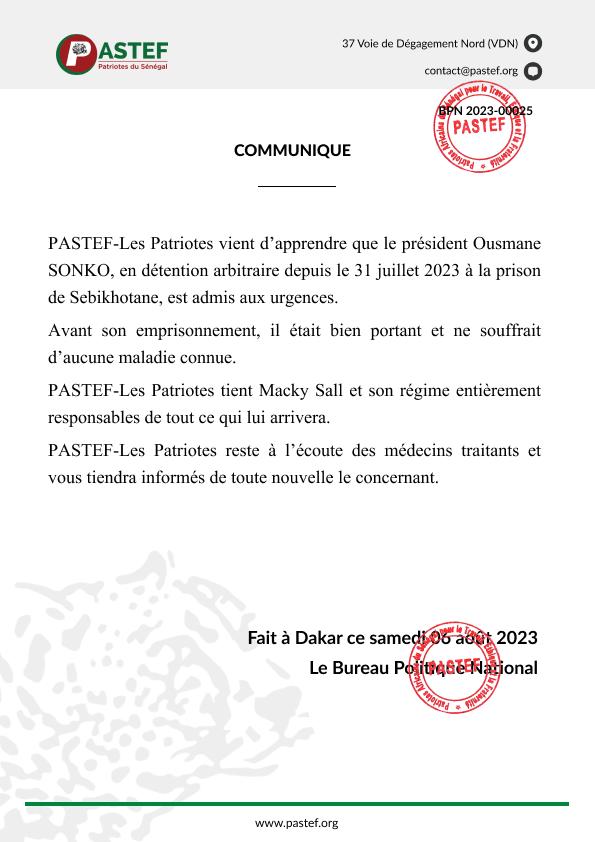 « Ousmane Sonko est admis aux urgences » (PASTEF)