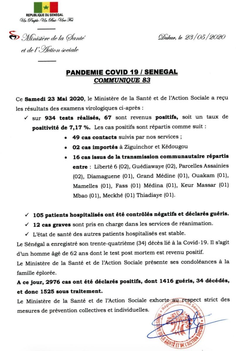 Covid-19 au Sénégal : 1 décès, 67 tests positifs, 12 patients en réa, 16 cas communautaires et 2 cas importés provenant de…