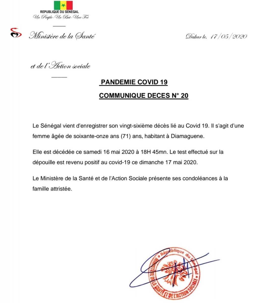 doc coronavirus deces 17 43 2020 08 43 04 - Covid-19 : Le Sénégal vient d'enregistrer un 26e décès