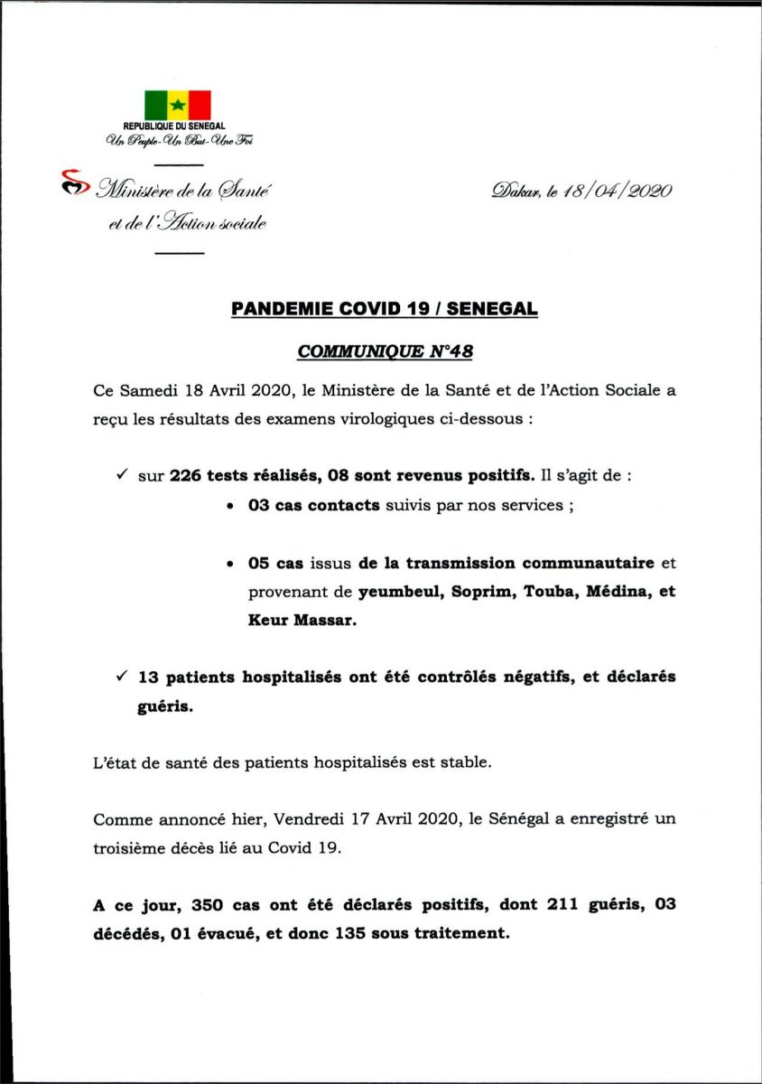 Covid-19 au Sénégal : 8 nouveaux cas positifs et 13 guéris