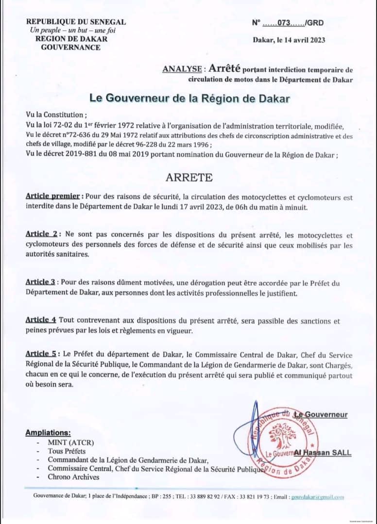 Dakar : Le Gouverneur interdit la circulation des motos, ce lundi