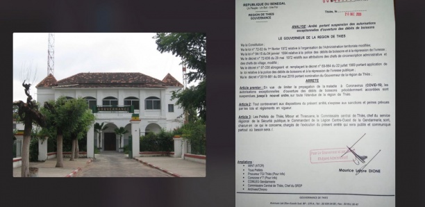 [Document] Thiès : Le Gouverneur suspend les autorisations d'ouverture de débits de boissons jusqu'à…